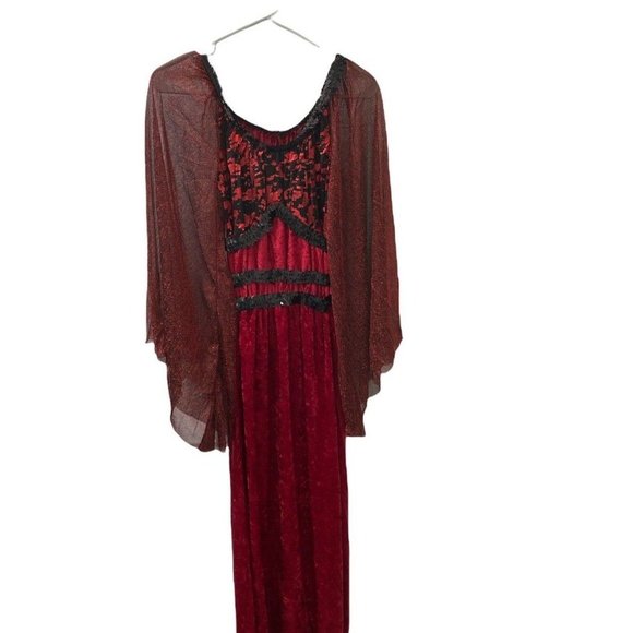 Woman's M 'Vampire Witch Halloween Costume Dress Medieval Red Sparkly Velour - Picture 2 of 13